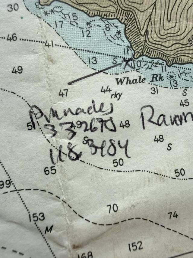 Detail of a vintage nautical chart of Catalina with dive spots handwritten in pen: Pinnacles with coordinates, and an arrow drawn to Whale Rock